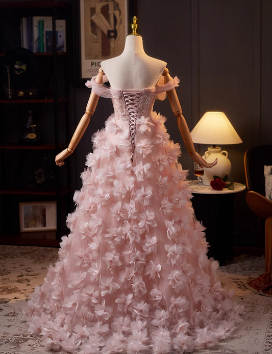 Hottie Off-Shoulder A-Line Pink Tulle Sweet 16th Dresses Appliques Sequins 3D Floral Prom Dress AP5071