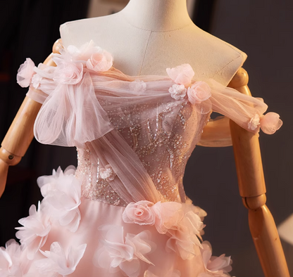 Hottie Off-Shoulder A-Line Pink Tulle Sweet 16th Dresses Appliques Sequins 3D Floral Prom Dress AP5071