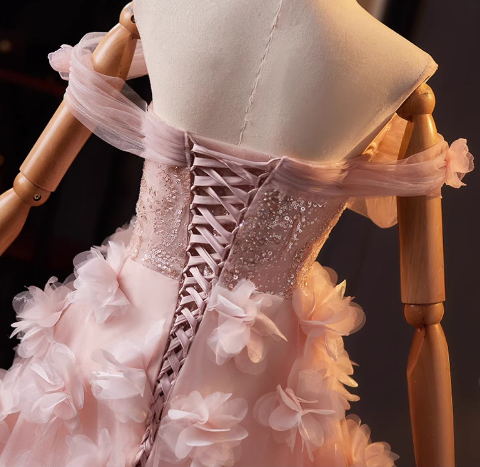 Hottie Off-Shoulder A-Line Pink Tulle Sweet 16th Dresses Appliques Sequins 3D Floral Prom Dress AP5071