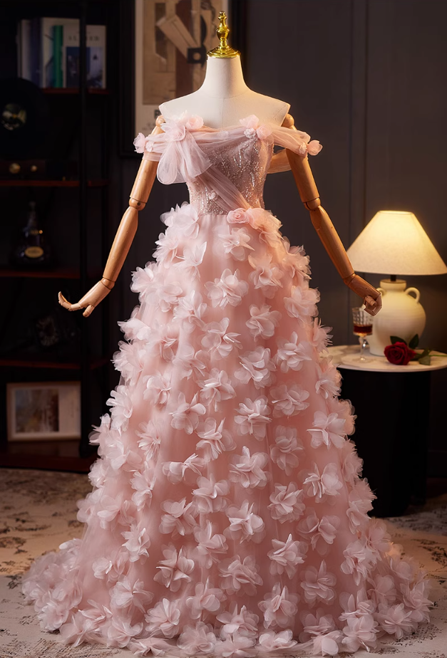 Hottie Off-Shoulder A-Line Pink Tulle Sweet 16th Dresses Appliques Sequins 3D Floral Prom Dress AP5071
