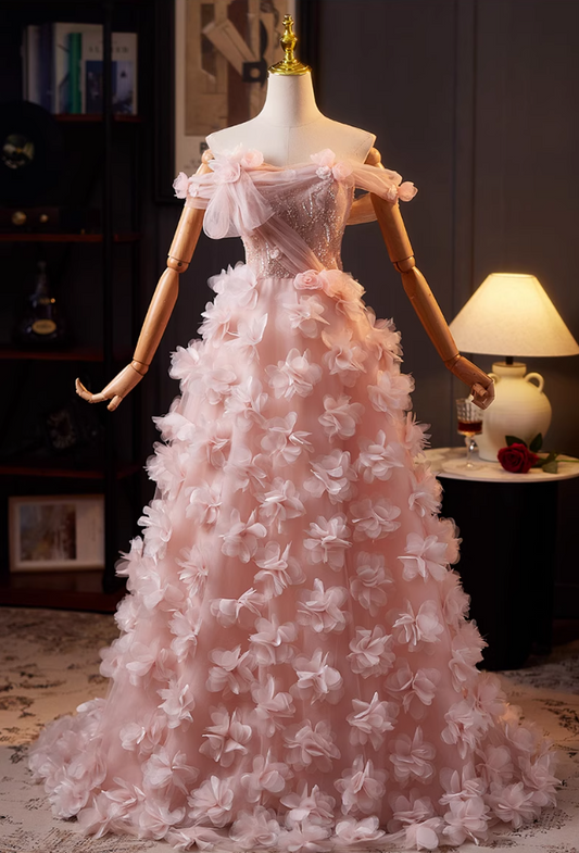Hottie Off-Shoulder A-Line Pink Tulle Sweet 16th Dresses Appliques Sequins 3D Floral Prom Dress AP5071