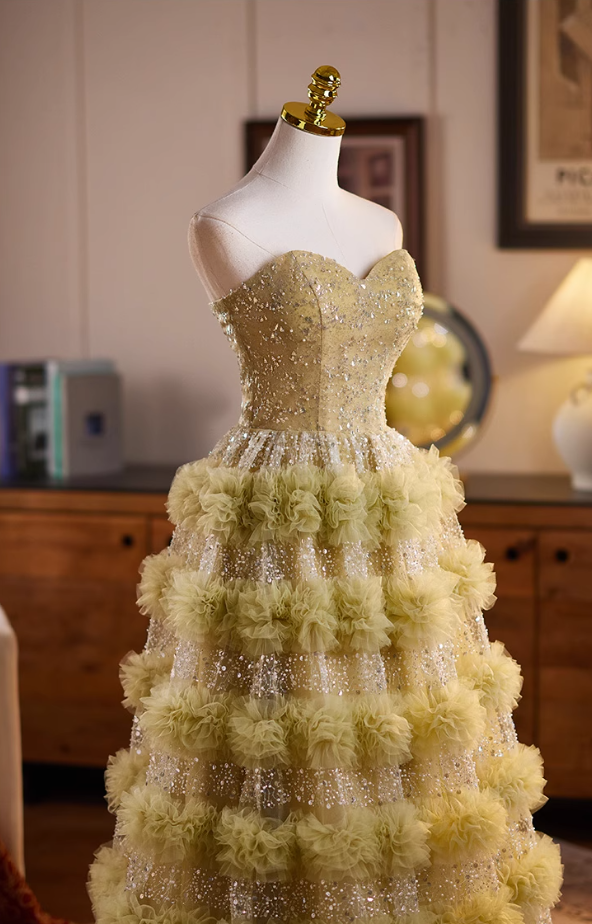 Casual Strapless A-Line Ruffles Tiered Tulle Sweet 16th Gowns Sequins Beading Prom Dress AP5072