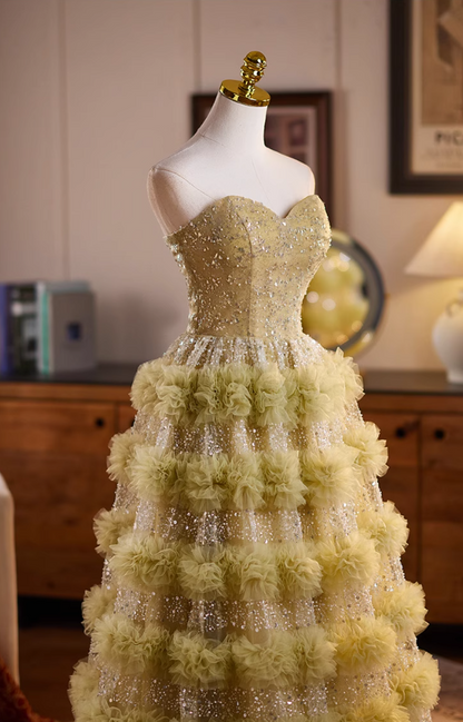 Casual Strapless A-Line Ruffles Tiered Tulle Sweet 16th Gowns Sequins Beading Prom Dress AP5072