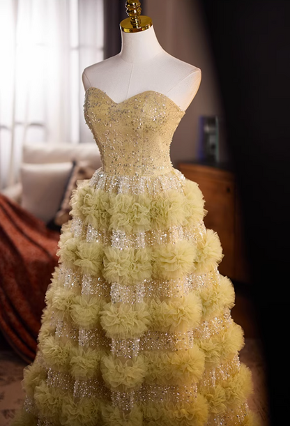 Casual Strapless A-Line Ruffles Tiered Tulle Sweet 16th Gowns Sequins Beading Prom Dress AP5072