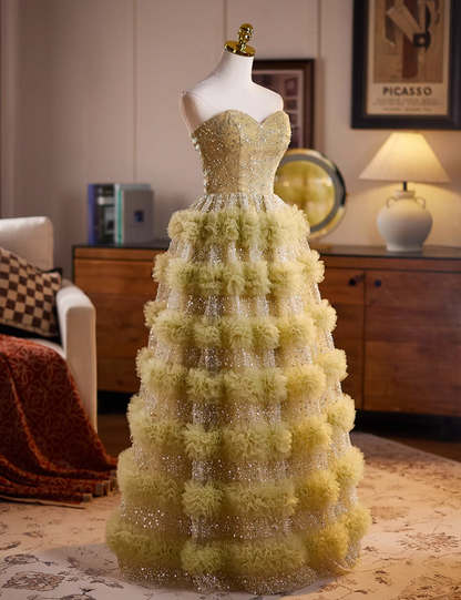 Casual Strapless A-Line Ruffles Tiered Tulle Sweet 16th Gowns Sequins Beading Prom Dress AP5072