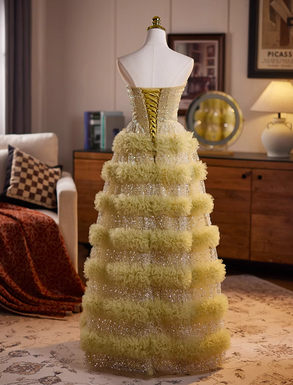 Casual Strapless A-Line Ruffles Tiered Tulle Sweet 16th Gowns Sequins Beading Prom Dress AP5072