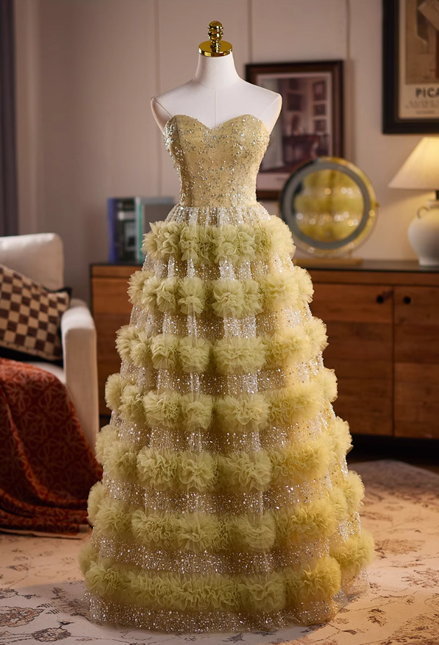 Casual Strapless A-Line Ruffles Tiered Tulle Sweet 16th Gowns Sequins Beading Prom Dress AP5072