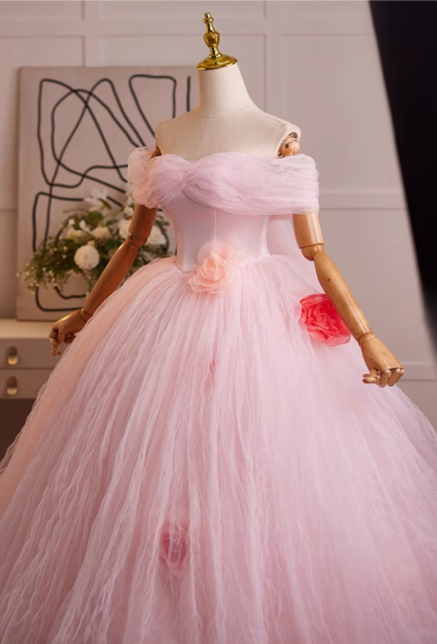 New Tendency Off-Shoulder A-Line Sweet 16th Dresses Handmade Flowers Pink Tulle Prom Dress AP5073