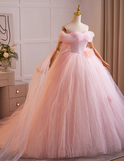 New Tendency Off-Shoulder A-Line Sweet 16th Dresses Handmade Flowers Pink Tulle Prom Dress AP5073