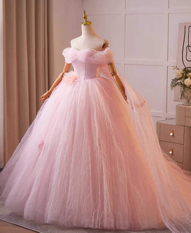 New Tendency Off-Shoulder A-Line Sweet 16th Dresses Handmade Flowers Pink Tulle Prom Dress AP5073