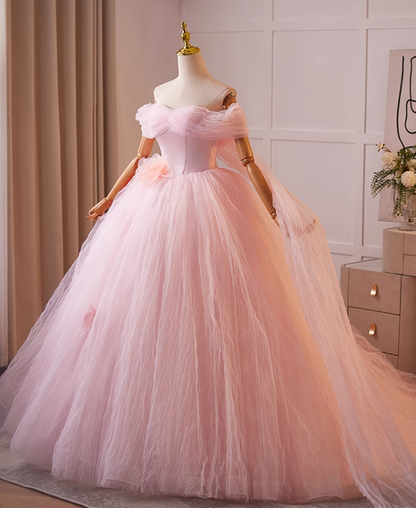 New Tendency Off-Shoulder A-Line Sweet 16th Dresses Handmade Flowers Pink Tulle Prom Dress AP5073