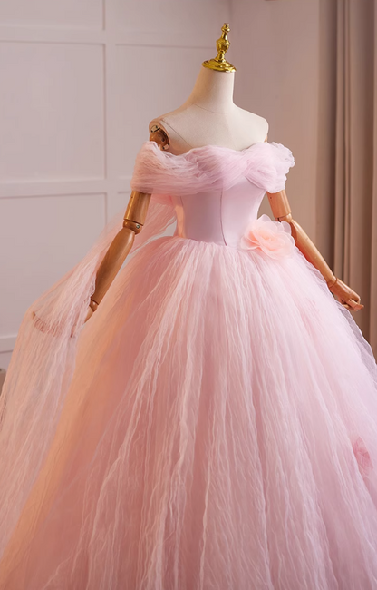 New Tendency Off-Shoulder A-Line Sweet 16th Dresses Handmade Flowers Pink Tulle Prom Dress AP5073