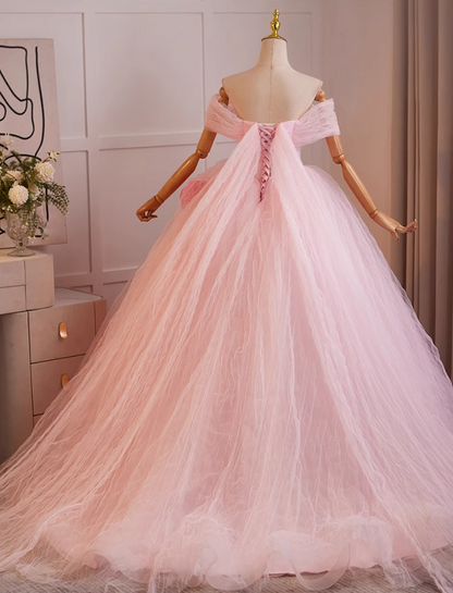New Tendency Off-Shoulder A-Line Sweet 16th Dresses Handmade Flowers Pink Tulle Prom Dress AP5073