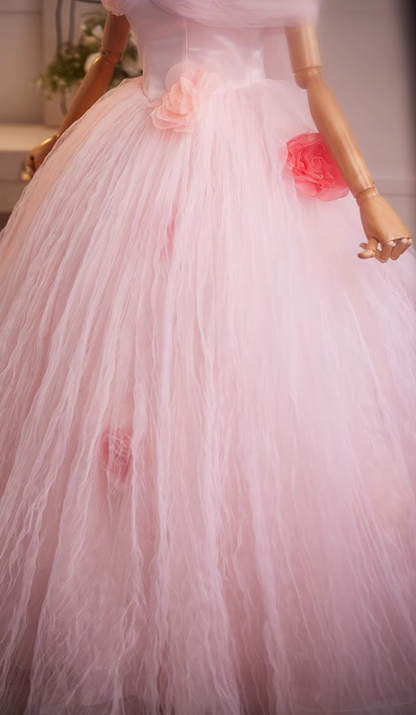 New Tendency Off-Shoulder A-Line Sweet 16th Dresses Handmade Flowers Pink Tulle Prom Dress AP5073