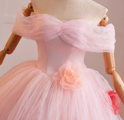 New Tendency Off-Shoulder A-Line Sweet 16th Dresses Handmade Flowers Pink Tulle Prom Dress AP5073