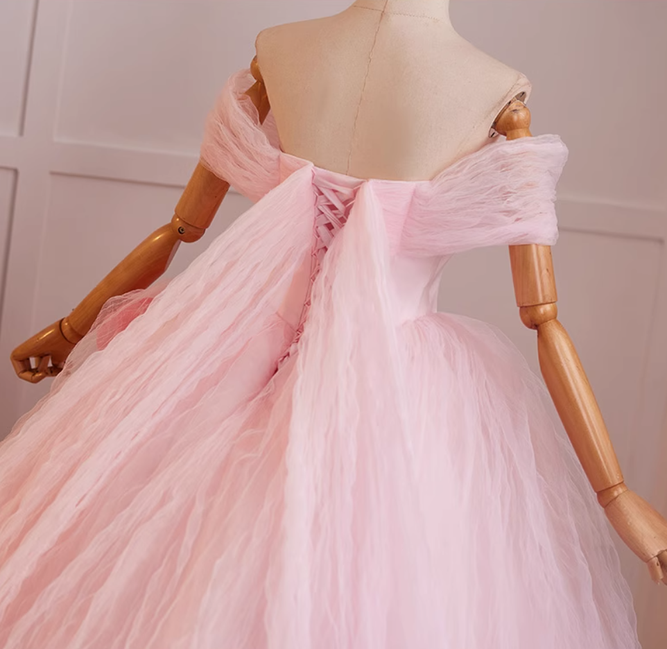 New Tendency Off-Shoulder A-Line Sweet 16th Dresses Handmade Flowers Pink Tulle Prom Dress AP5073