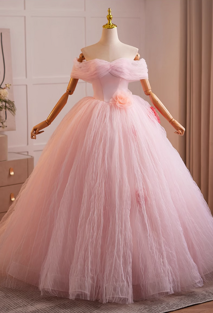New Tendency Off-Shoulder A-Line Sweet 16th Dresses Handmade Flowers Pink Tulle Prom Dress AP5073