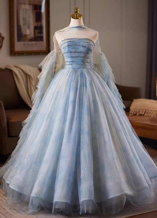 Lovely Strapless A-Line Pleated Sweet 16th Gowns Beading Layered Tulle Prom Dress AP5074