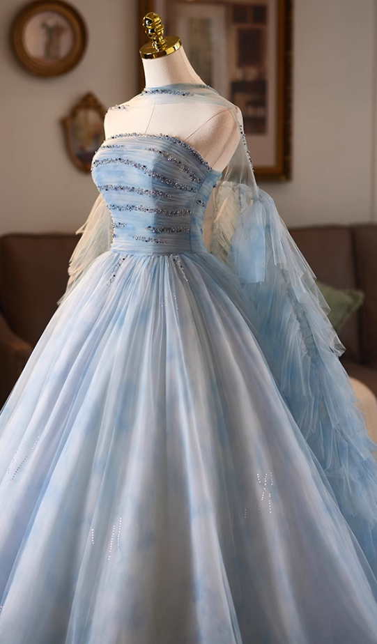 Lovely Strapless A-Line Pleated Sweet 16th Gowns Beading Layered Tulle Prom Dress AP5074