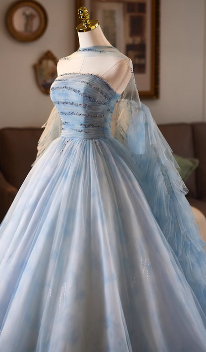 Lovely Strapless A-Line Pleated Sweet 16th Gowns Beading Layered Tulle Prom Dress AP5074