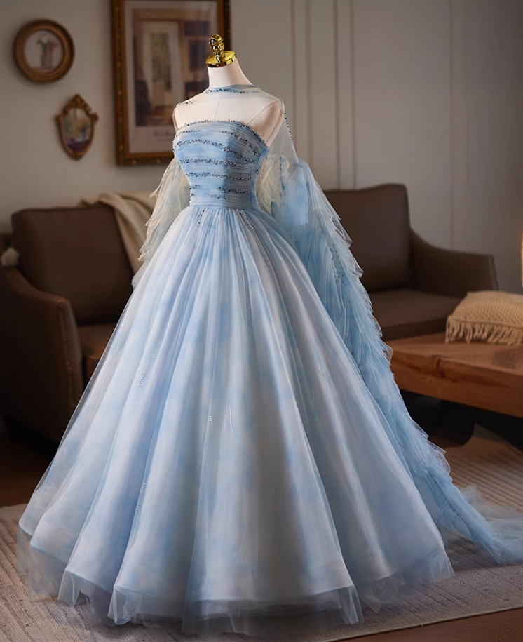 Lovely Strapless A-Line Pleated Sweet 16th Gowns Beading Layered Tulle Prom Dress AP5074
