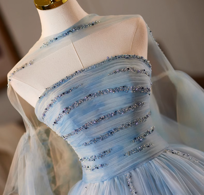 Lovely Strapless A-Line Pleated Sweet 16th Gowns Beading Layered Tulle Prom Dress AP5074