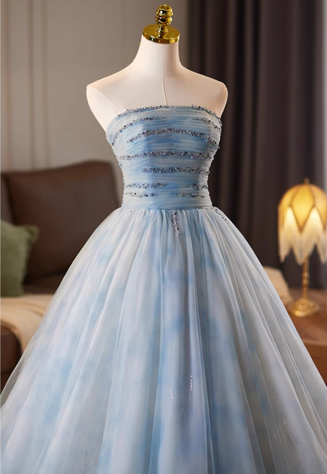 Lovely Strapless A-Line Pleated Sweet 16th Gowns Beading Layered Tulle Prom Dress AP5074