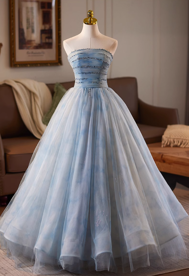 Lovely Strapless A-Line Pleated Sweet 16th Gowns Beading Layered Tulle Prom Dress AP5074