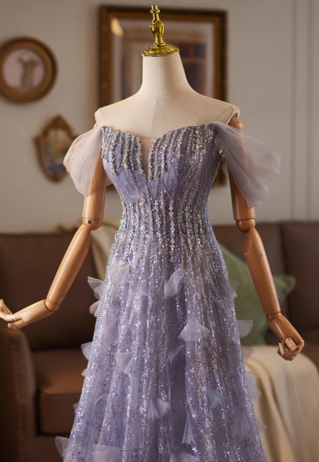 Refined Off-Shoulder A-Line Sweet 16th Dresses Sequins Beading Purple Tulle Prom Dress AP5075