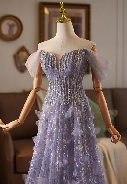 Refined Off-Shoulder A-Line Sweet 16th Dresses Sequins Beading Purple Tulle Prom Dress AP5075