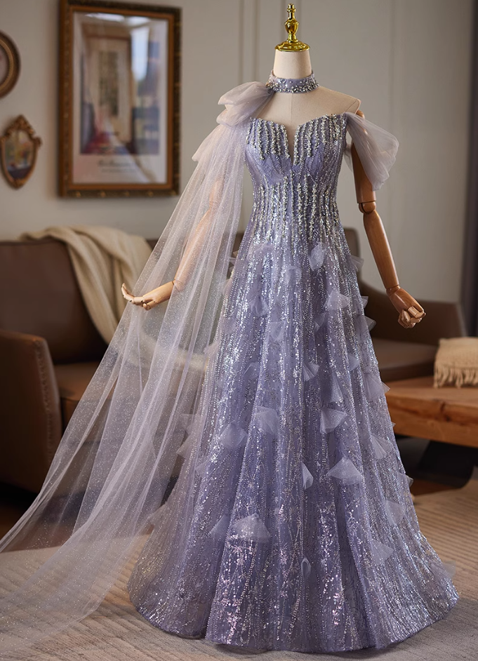 Refined Off-Shoulder A-Line Sweet 16th Dresses Sequins Beading Purple Tulle Prom Dress AP5075