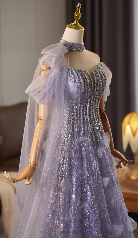 Refined Off-Shoulder A-Line Sweet 16th Dresses Sequins Beading Purple Tulle Prom Dress AP5075