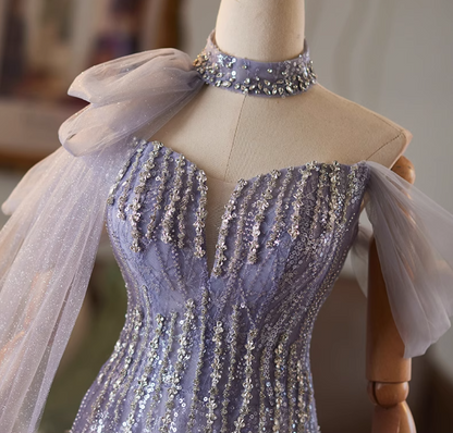 Refined Off-Shoulder A-Line Sweet 16th Dresses Sequins Beading Purple Tulle Prom Dress AP5075