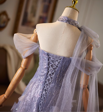 Refined Off-Shoulder A-Line Sweet 16th Dresses Sequins Beading Purple Tulle Prom Dress AP5075