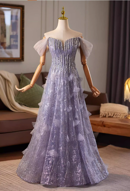 Refined Off-Shoulder A-Line Sweet 16th Dresses Sequins Beading Purple Tulle Prom Dress AP5075