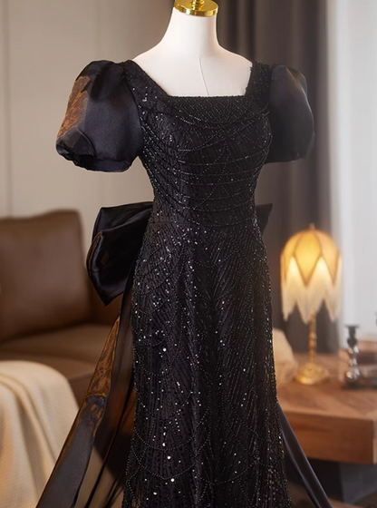 Beautiful Square Neck Puffy Sleeve Evening Dress With Bow Train Sheath Sequins Beading Black Prom Dress AP5076