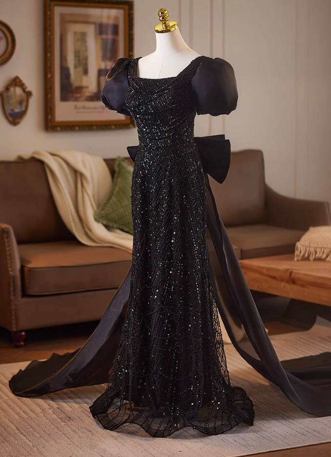 Beautiful Square Neck Puffy Sleeve Evening Dress With Bow Train Sheath Sequins Beading Black Prom Dress AP5076