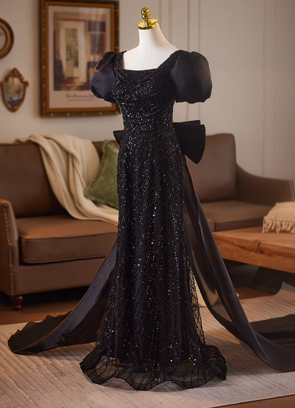 Beautiful Square Neck Puffy Sleeve Evening Dress With Bow Train Sheath Sequins Beading Black Prom Dress AP5076