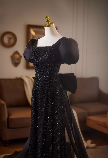Beautiful Square Neck Puffy Sleeve Evening Dress With Bow Train Sheath Sequins Beading Black Prom Dress AP5076
