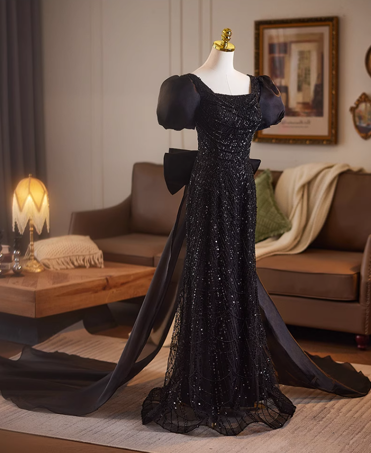 Beautiful Square Neck Puffy Sleeve Evening Dress With Bow Train Sheath Sequins Beading Black Prom Dress AP5076