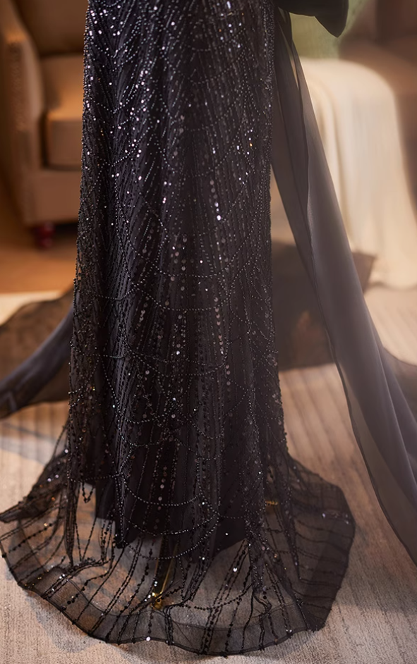 Beautiful Square Neck Puffy Sleeve Evening Dress With Bow Train Sheath Sequins Beading Black Prom Dress AP5076