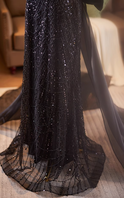 Beautiful Square Neck Puffy Sleeve Evening Dress With Bow Train Sheath Sequins Beading Black Prom Dress AP5076