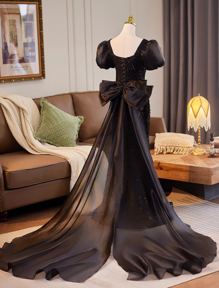 Beautiful Square Neck Puffy Sleeve Evening Dress With Bow Train Sheath Sequins Beading Black Prom Dress AP5076