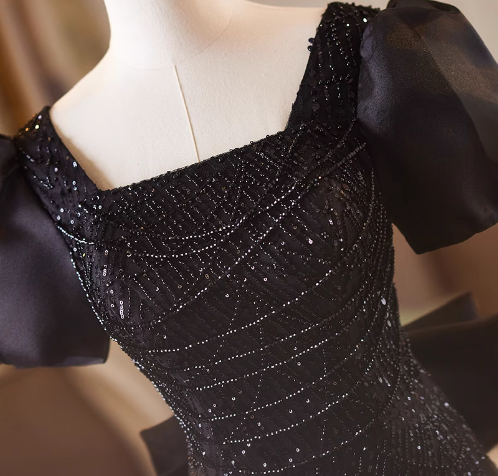 Beautiful Square Neck Puffy Sleeve Evening Dress With Bow Train Sheath Sequins Beading Black Prom Dress AP5076