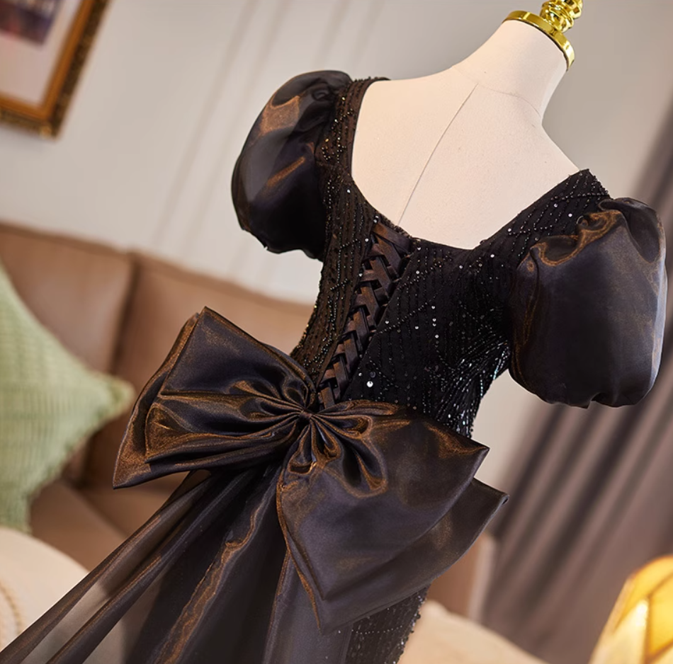 Beautiful Square Neck Puffy Sleeve Evening Dress With Bow Train Sheath Sequins Beading Black Prom Dress AP5076