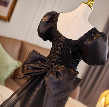 Beautiful Square Neck Puffy Sleeve Evening Dress With Bow Train Sheath Sequins Beading Black Prom Dress AP5076