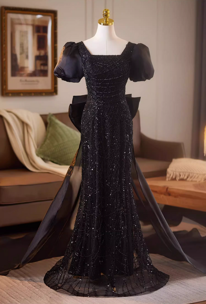 Beautiful Square Neck Puffy Sleeve Evening Dress With Bow Train Sheath Sequins Beading Black Prom Dress AP5076