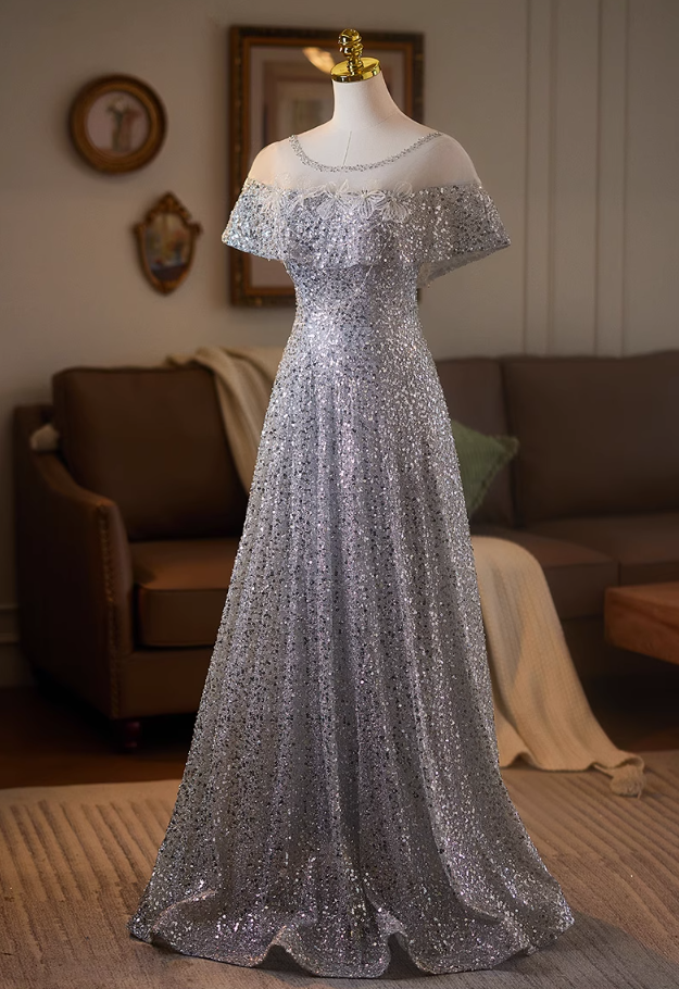 Enchanting Jewel Neck A-Line Short Sleeve Sweet 16th Gowns Sequins Beading Appliques Prom Dress AP5077
