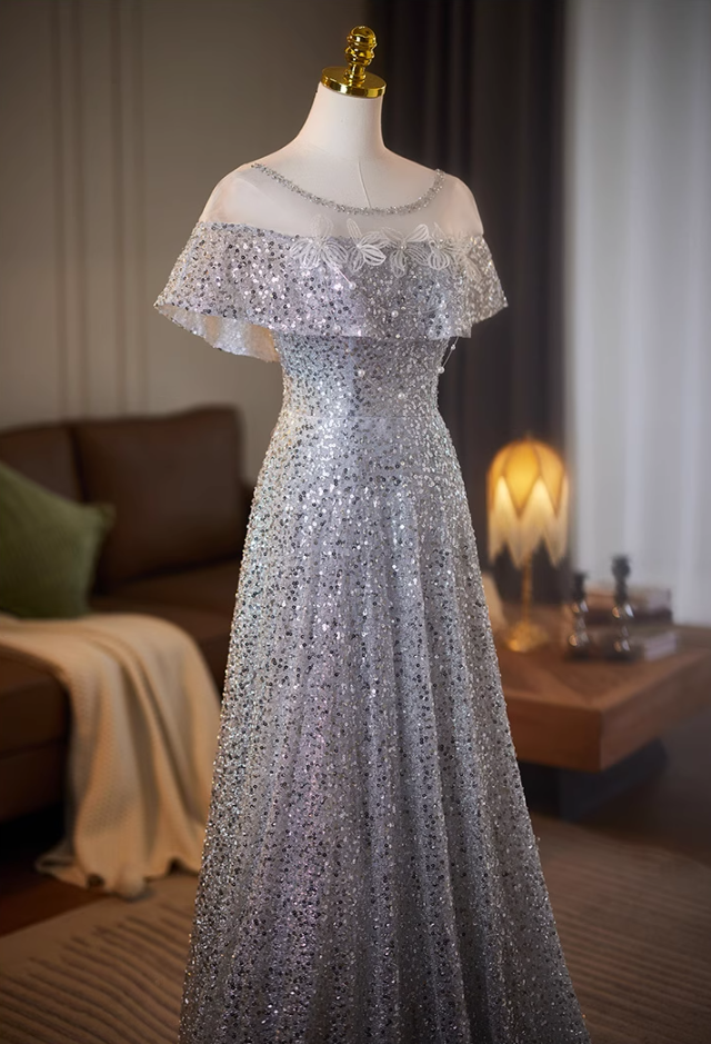Enchanting Jewel Neck A-Line Short Sleeve Sweet 16th Gowns Sequins Beading Appliques Prom Dress AP5077