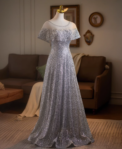 Enchanting Jewel Neck A-Line Short Sleeve Sweet 16th Gowns Sequins Beading Appliques Prom Dress AP5077